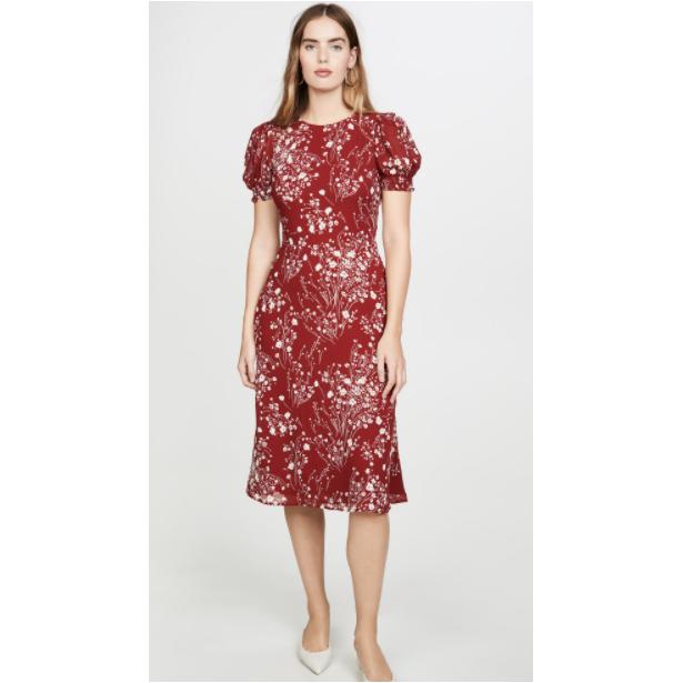 puff sleeve floral midi dress