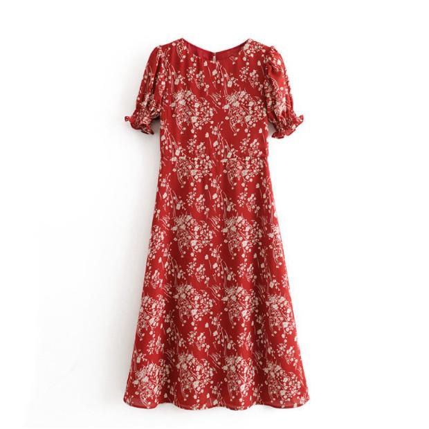 puff sleeve floral midi dress