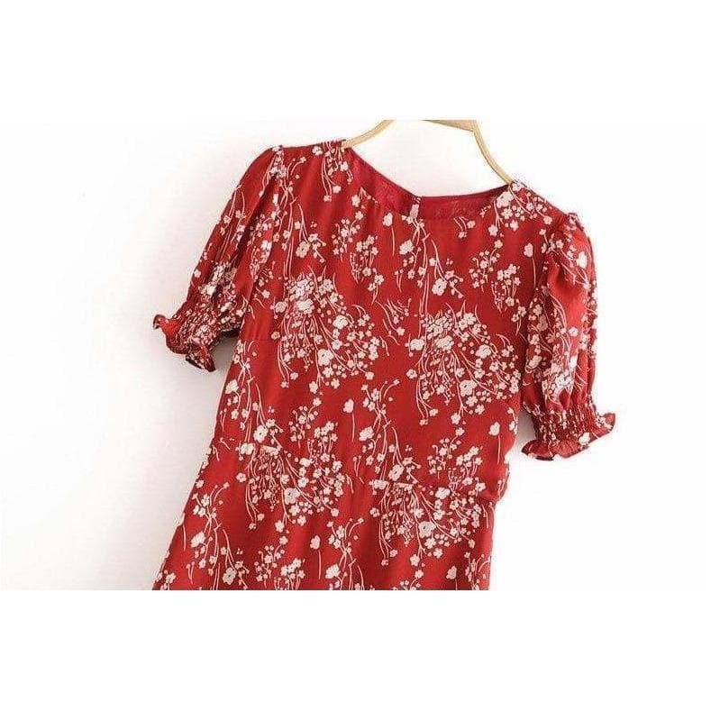 puff sleeve floral midi dress