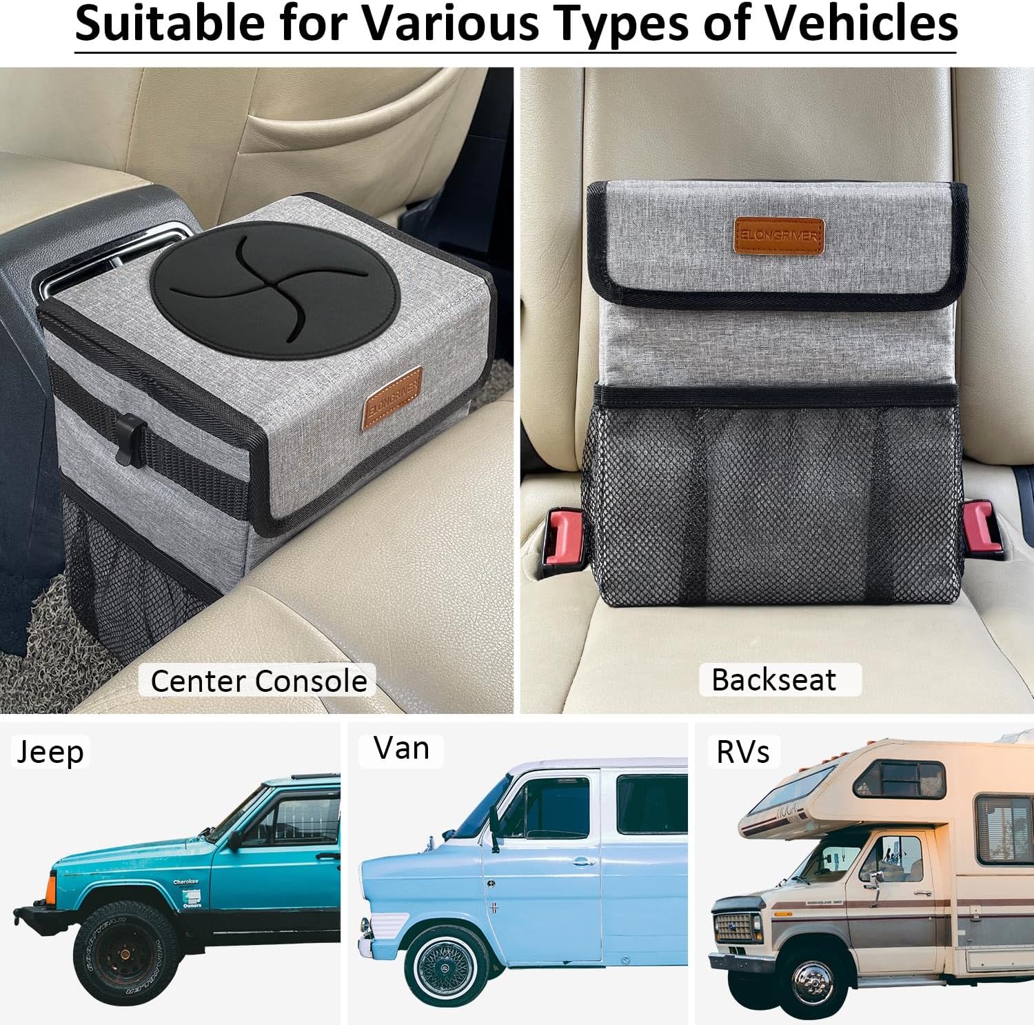 ELONGRIVER Car Trash Can Bin for Car Back Seat Leak Proof, Cute Car Trash Bag Hanging, Vehicle Trash Can for SUV Truck Van, Automotive Car Garbage Cans Front Seat Grey