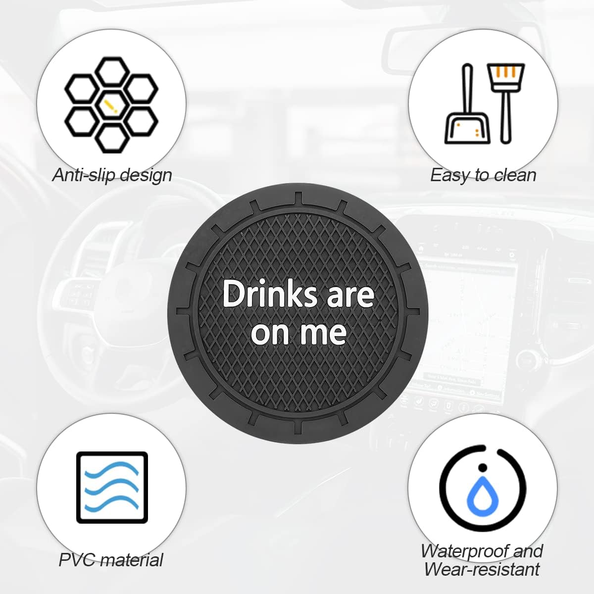 8sanlione Car Cup Coaster, 4Pcs 2.75 Inch Auto Cup Holder Insert Coasters, Non-Slip Waterproof Embedded Drink Mat, Automotive Interior Accessories for Men and Women (B Black/4PCS)