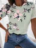 Women Casual Flower Print Round Neck Short Sleeve T-Shirt