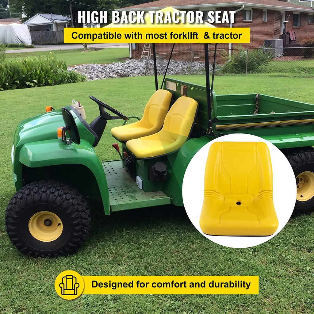 Universal Tractor Seat, Industrial High Back, 2PCS PVC Lawn and Garden Mower Seat Replacement, Steel Frame Compact Forklift Seat w/ Drain Hole, Yellow