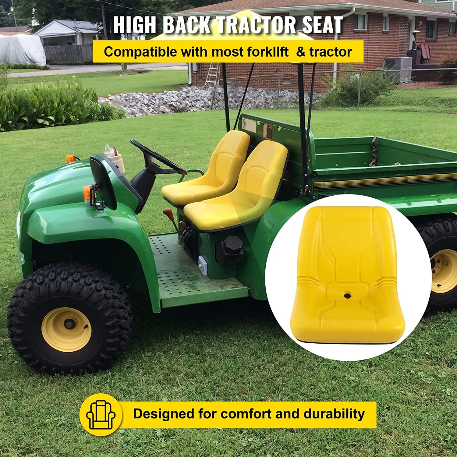 Universal Tractor Seat, Industrial High Back, 2PCS PVC Lawn and Garden Mower Seat Replacement, Steel Frame Compact Forklift Seat w/ Drain Hole, Yellow
