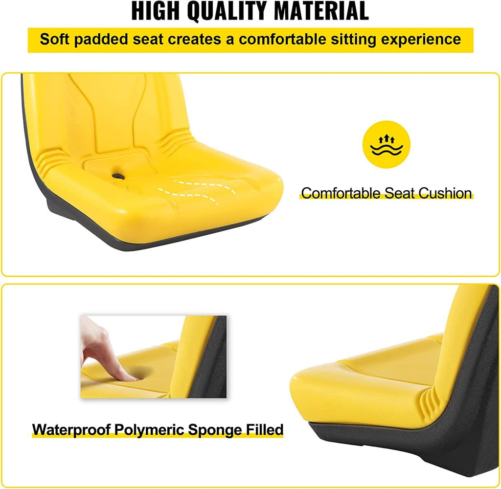 Universal Tractor Seat, Industrial High Back, 2PCS PVC Lawn and Garden Mower Seat Replacement, Steel Frame Compact Forklift Seat w/ Drain Hole, Yellow