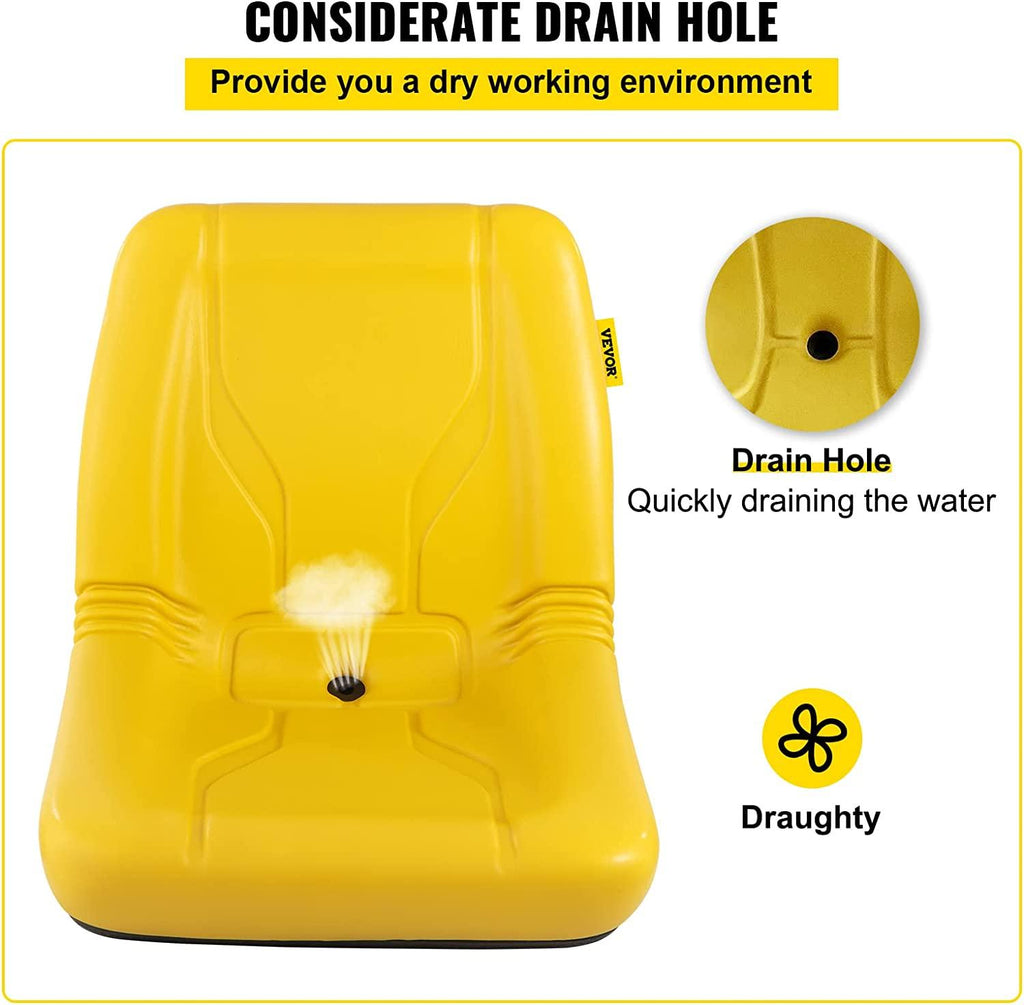 Universal Tractor Seat, Industrial High Back, 2PCS PVC Lawn and Garden Mower Seat Replacement, Steel Frame Compact Forklift Seat w/ Drain Hole, Yellow