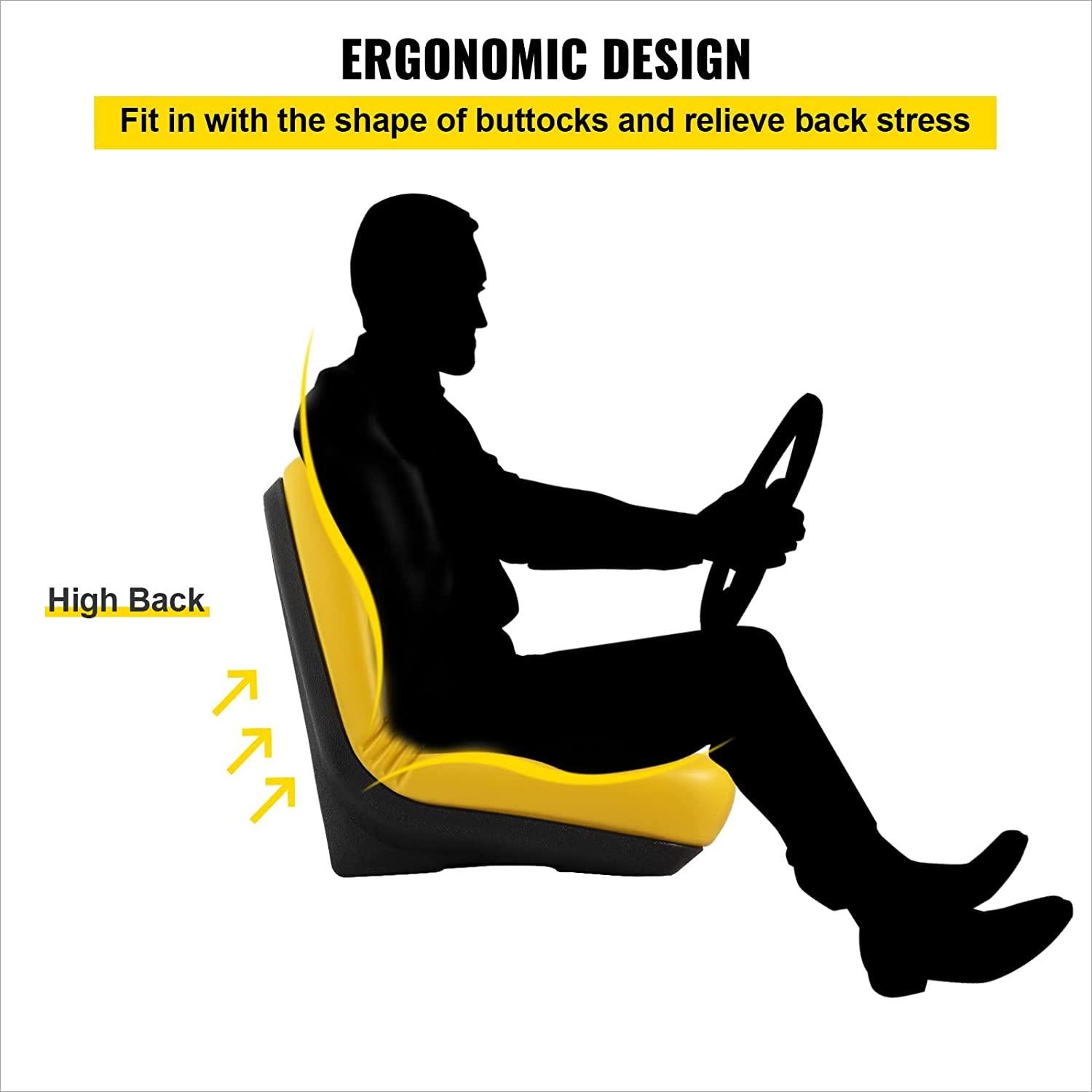 Universal Tractor Seat, Industrial High Back, 2PCS PVC Lawn and Garden Mower Seat Replacement, Steel Frame Compact Forklift Seat w/ Drain Hole, Yellow