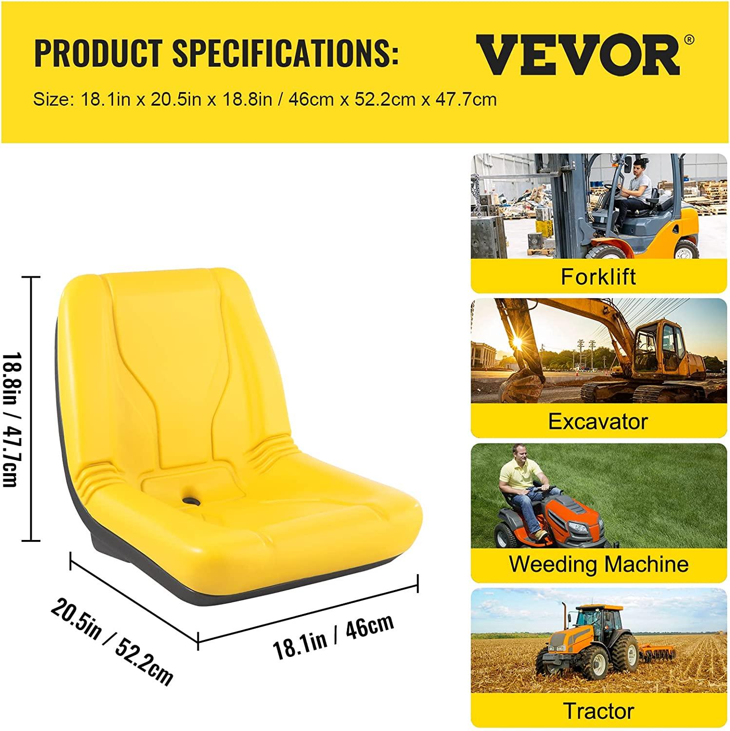 Universal Tractor Seat, Industrial High Back, 2PCS PVC Lawn and Garden Mower Seat Replacement, Steel Frame Compact Forklift Seat w/ Drain Hole, Yellow