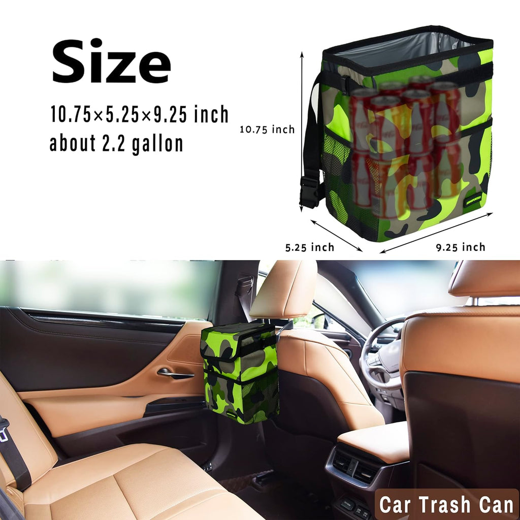 SIBOFUEGO Cute Car Trash Can with Lid - Leak Proof Car Trash Bag Hanging Waterproof Car Garbage Can with Storage Pockets Multipurpose Collapsible Car Organizer (Camo Green)