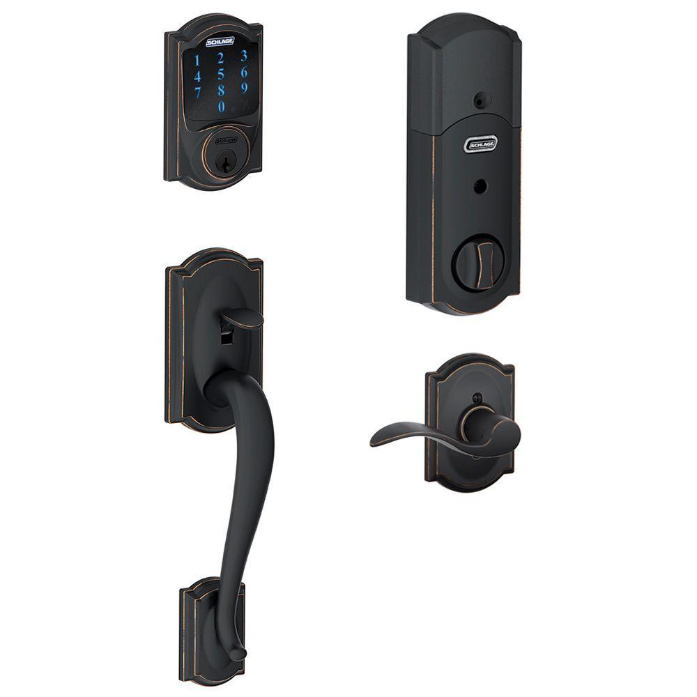 Camelot Aged Bronze Connect Z-Wave Plus Smart Deadbolt and Camelot Handleset with Accent Lever with Camelot Trim