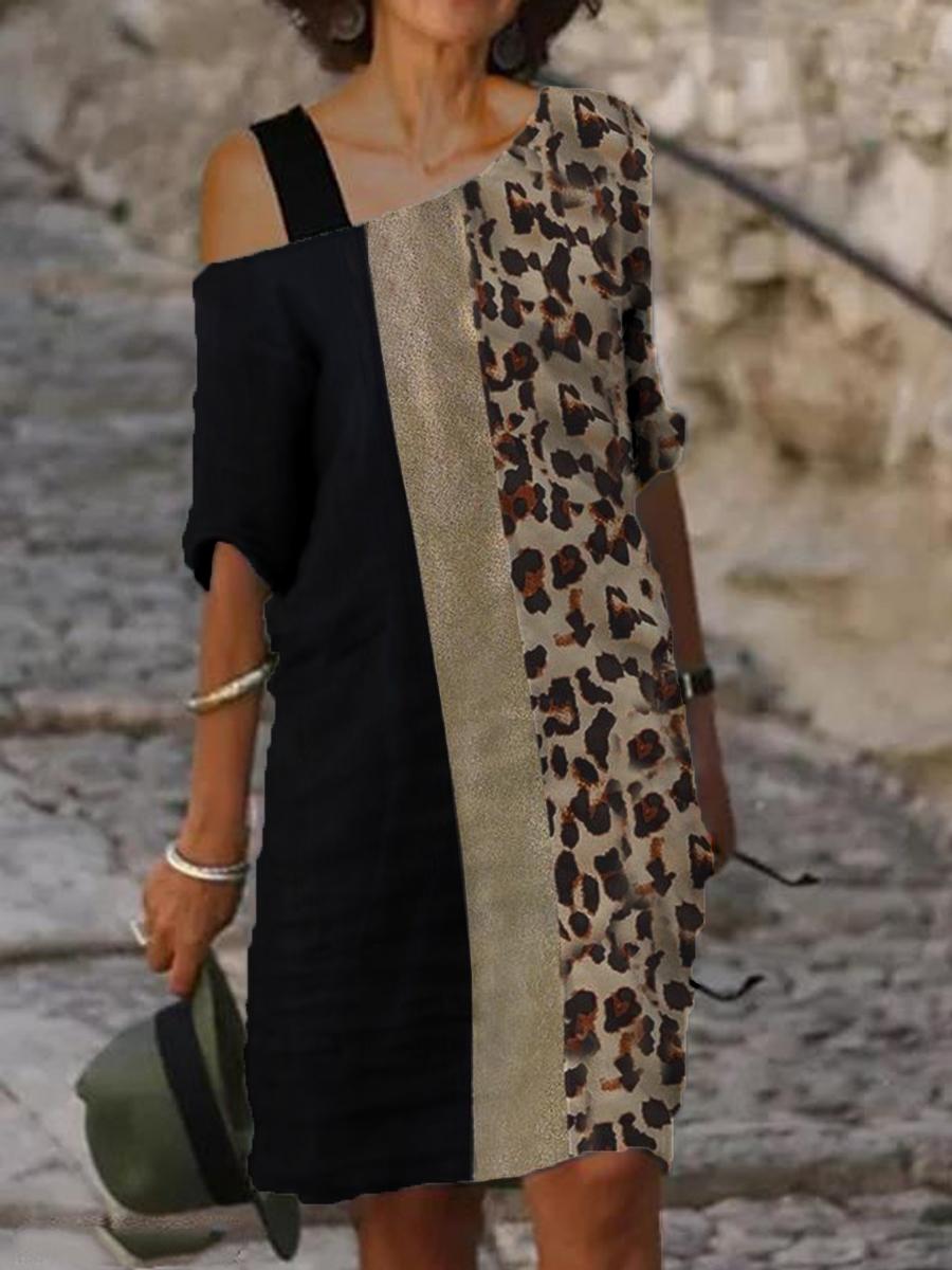 Fashion Color Block Leopard Print One Shoulder Midi Dress Women