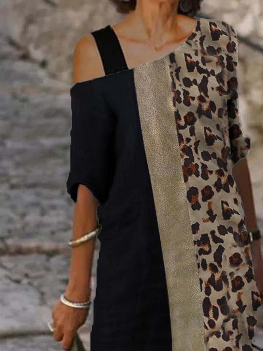 Fashion Color Block Leopard Print One Shoulder Midi Dress Women