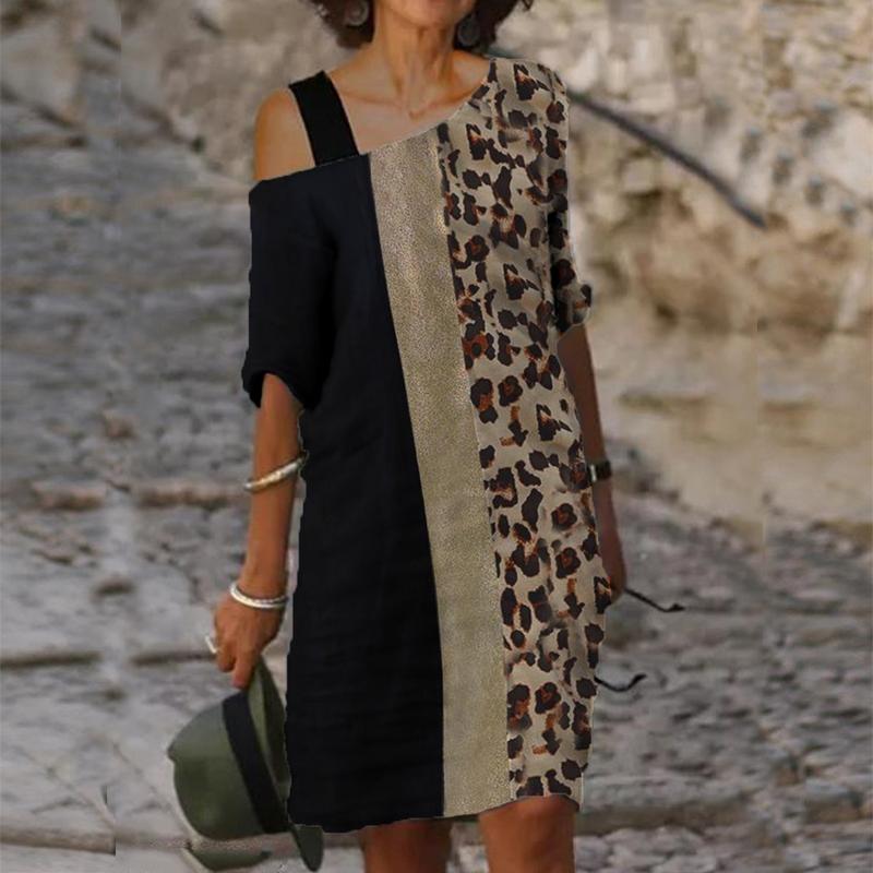 Fashion Color Block Leopard Print One Shoulder Midi Dress Women