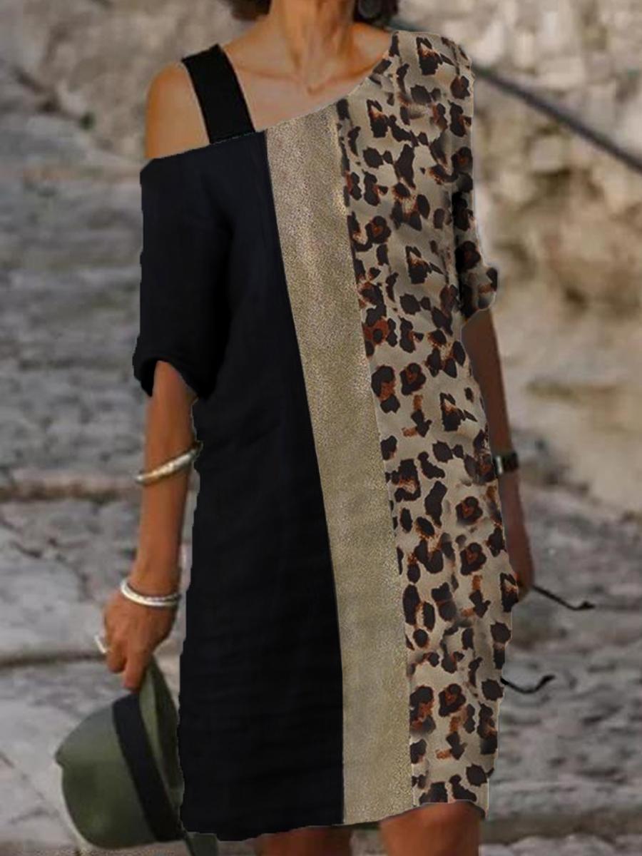 Fashion Color Block Leopard Print One Shoulder Midi Dress Women