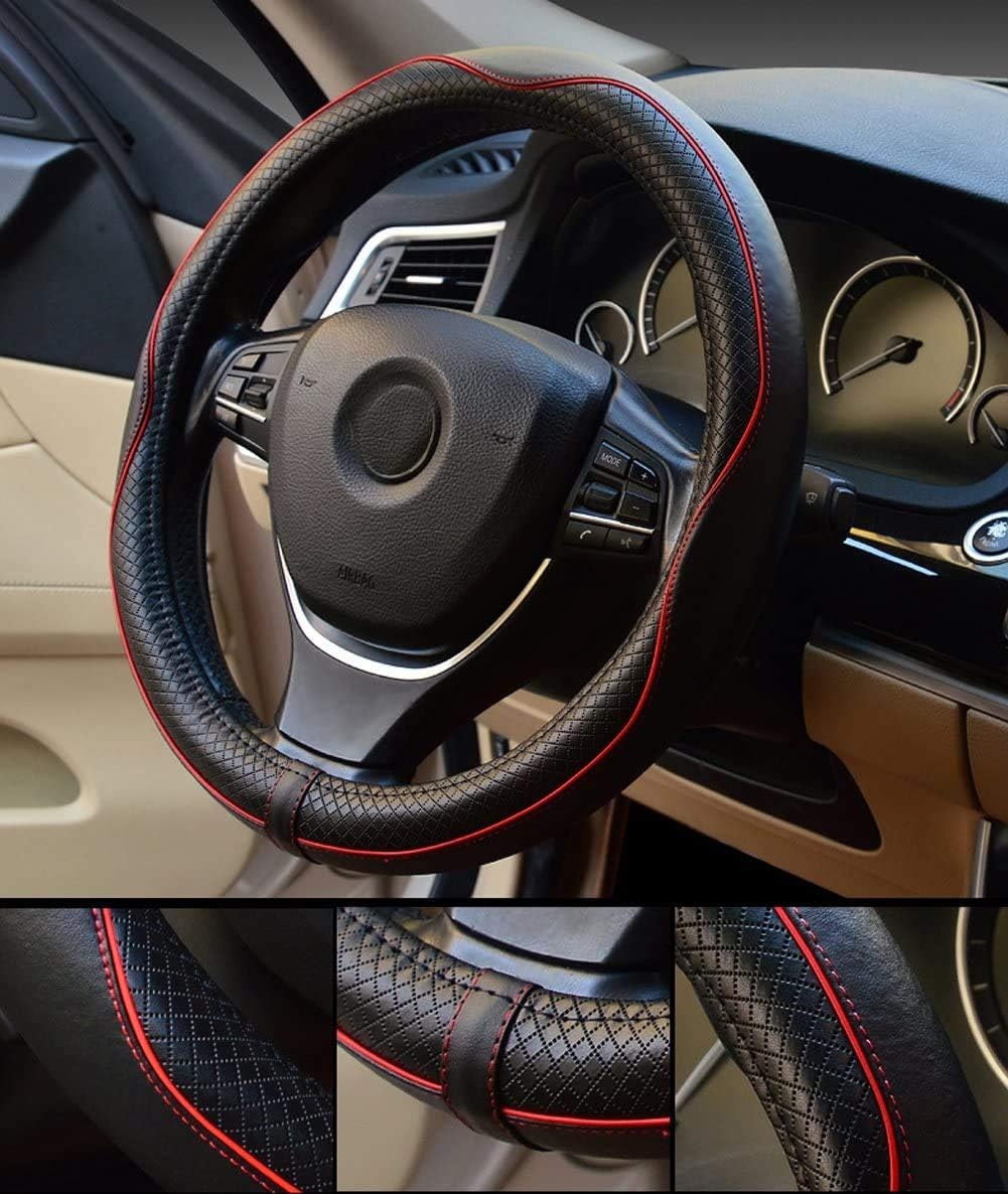 Valleycomfy Steering Wheel Covers Universal 15 inch - Genuine Leather, Breathable, Anti Slip &amp; Odor (Black with Red Lines, M(14" 1/2-15" 1/4))
