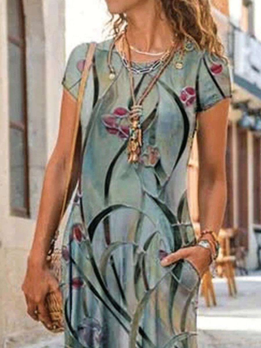 Flower Print Round Neck Short Sleeve Dress