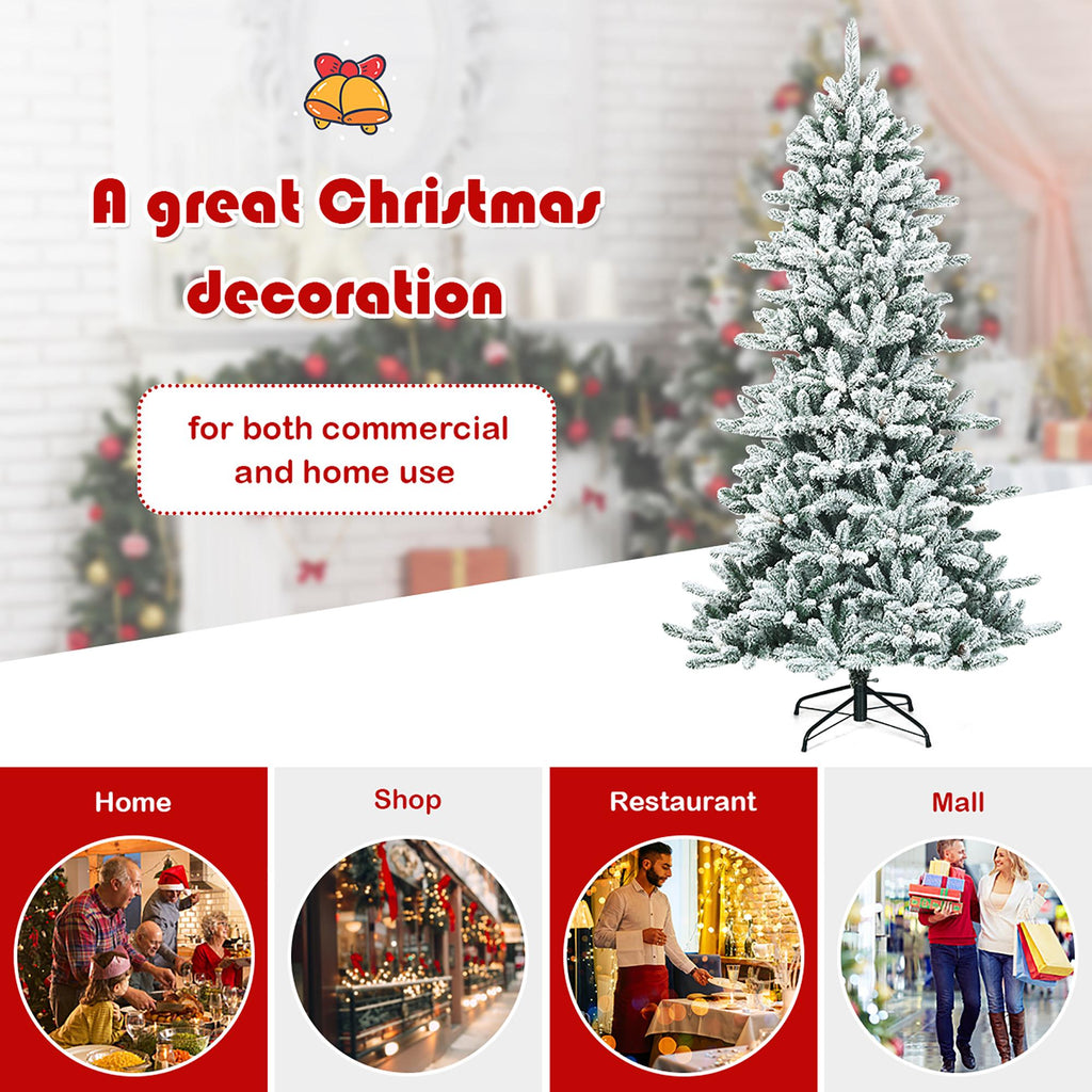 Costway 7Ft Premium Hinged Snow Flocked Slim Artificial Christmas Fir Tree w/ Pine Cones