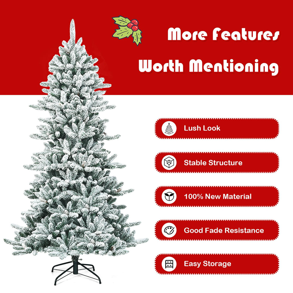 Costway 7Ft Premium Hinged Snow Flocked Slim Artificial Christmas Fir Tree w/ Pine Cones