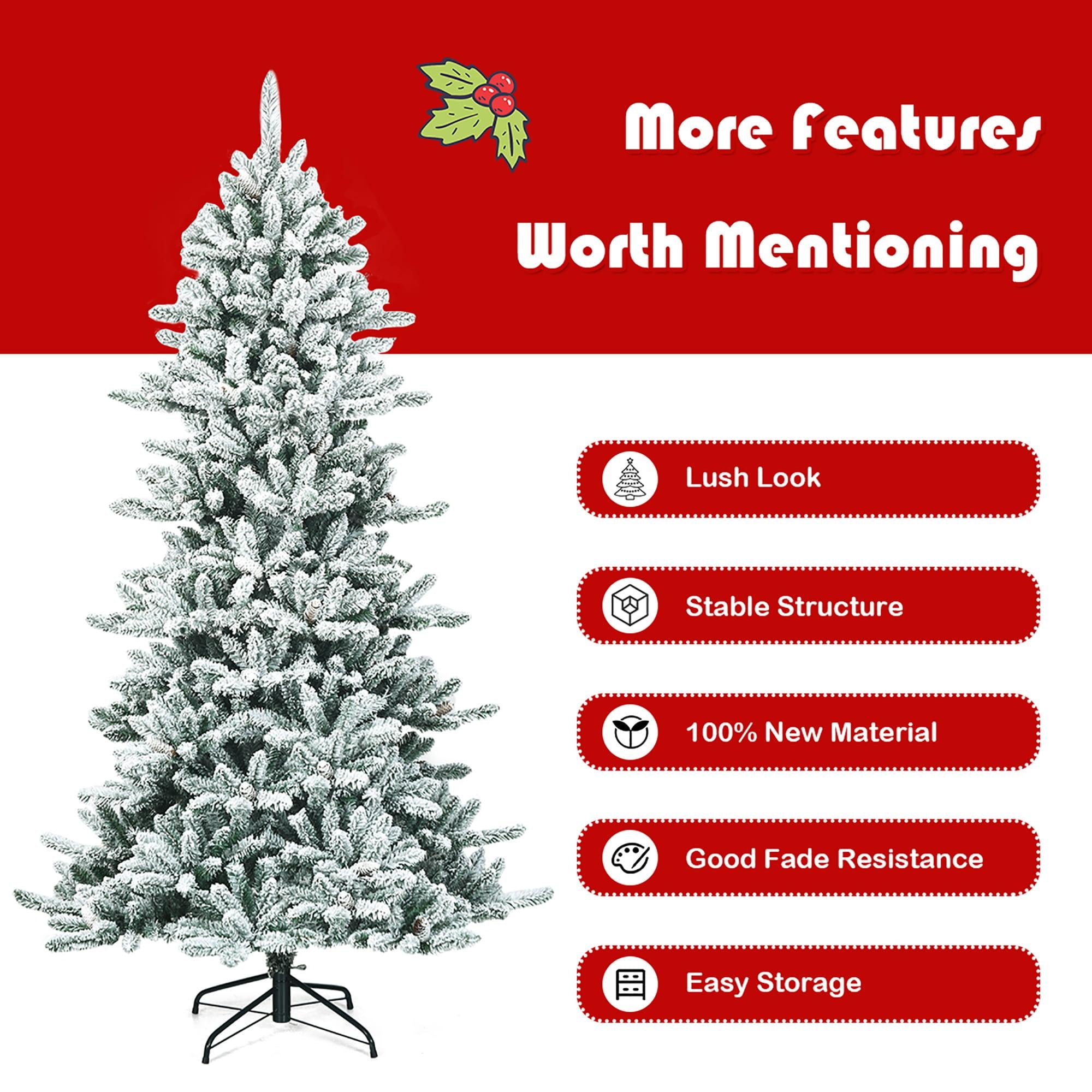 Costway 7Ft Premium Hinged Snow Flocked Slim Artificial Christmas Fir Tree w/ Pine Cones