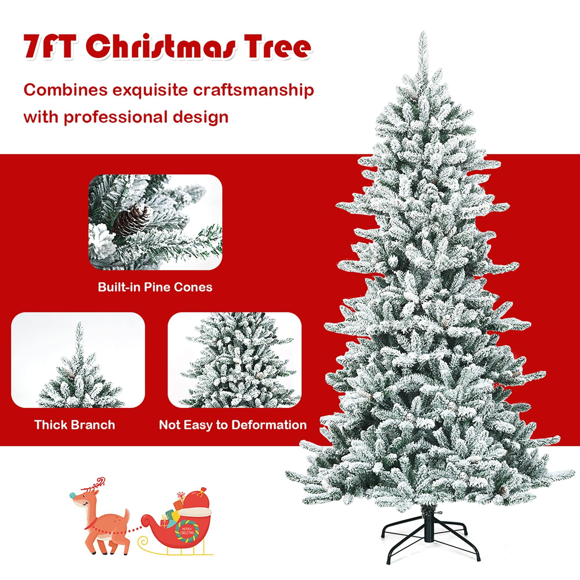 Costway 7Ft Premium Hinged Snow Flocked Slim Artificial Christmas Fir Tree w/ Pine Cones