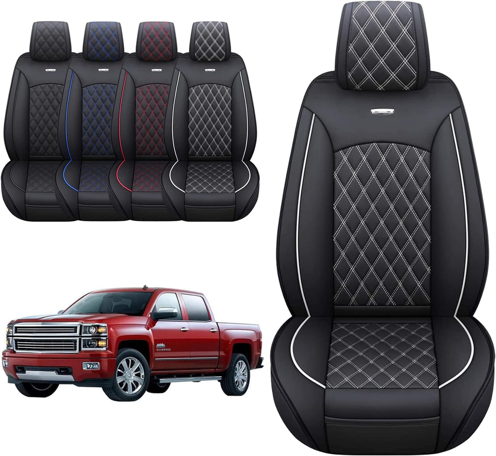 Front Seat Covers Chevy Silverado GMC Sierra Pickup Trail Boss Z71 Custom Fit 2007-2024 1500 2500HD 3500HD Crew Double Extended Cab Waterproof Leather Seat Protectors(2 PCS Front, Black-White)