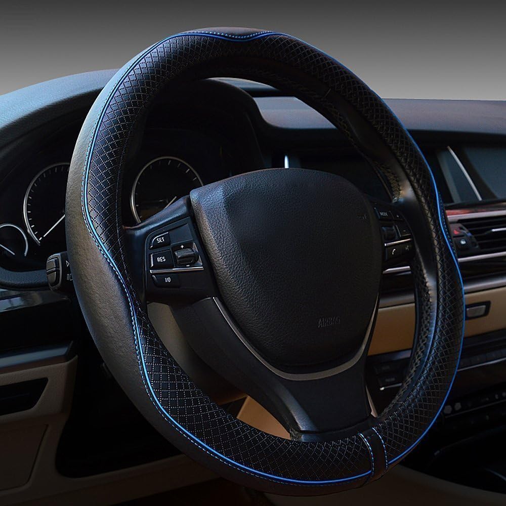 Car Steering Wheel Cover, Anti-Slip, Safety, Soft, Breathable, Heavy Duty, Thick, Full Surround, Sports Style (Black Blue)