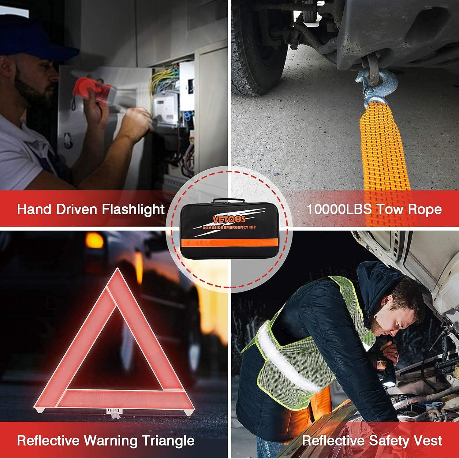 Car Roadside Emergency Kit with Jumper Cables, Auto Vehicle Safety Road Side Assistance Kits, Winter Car Kit for Women and Men, with Portable Air Compressor, First Aid Kit, Tow Rope, Multitool Plier