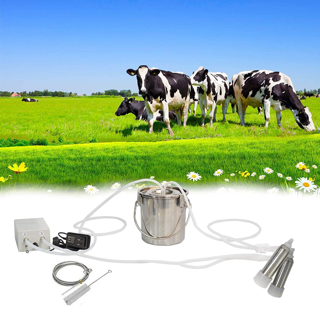 7L Cow MilMachine,Electric Automatic Pulsation Vacuum Portable Pulse Breast Pump with 2 Teat Cups  Steel Bucket for Cows