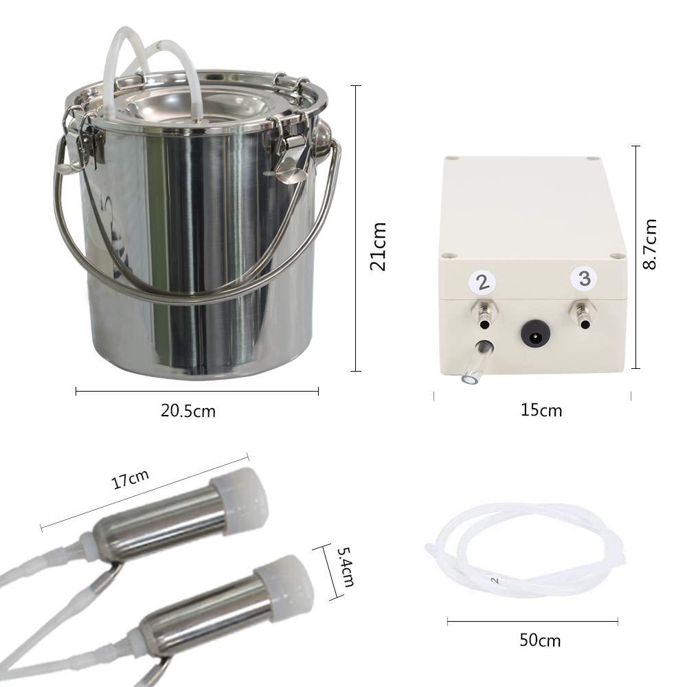 7L Cow MilMachine,Electric Automatic Pulsation Vacuum Portable Pulse Breast Pump with 2 Teat Cups  Steel Bucket for Cows