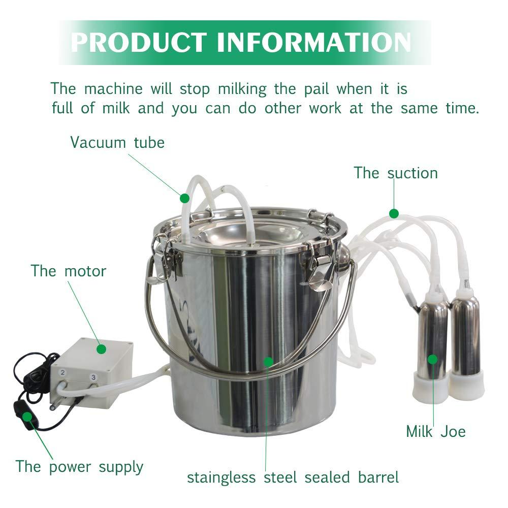 7L Cow MilMachine,Electric Automatic Pulsation Vacuum Portable Pulse Breast Pump with 2 Teat Cups  Steel Bucket for Cows