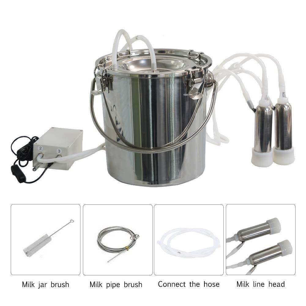 7L Cow MilMachine,Electric Automatic Pulsation Vacuum Portable Pulse Breast Pump with 2 Teat Cups  Steel Bucket for Cows