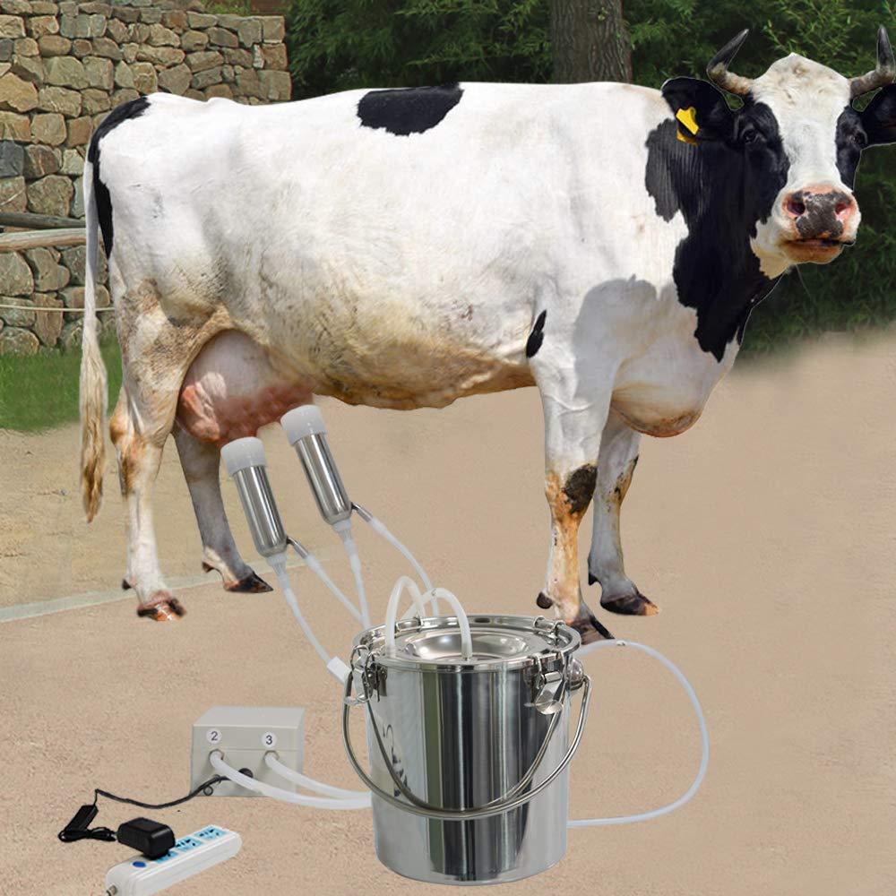 7L Cow MilMachine,Electric Automatic Pulsation Vacuum Portable Pulse Breast Pump with 2 Teat Cups  Steel Bucket for Cows