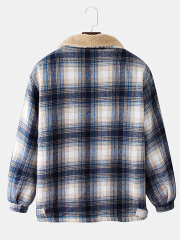 mens plaid thicken sherpa lined lapel cotton vintage overcoats with pocket