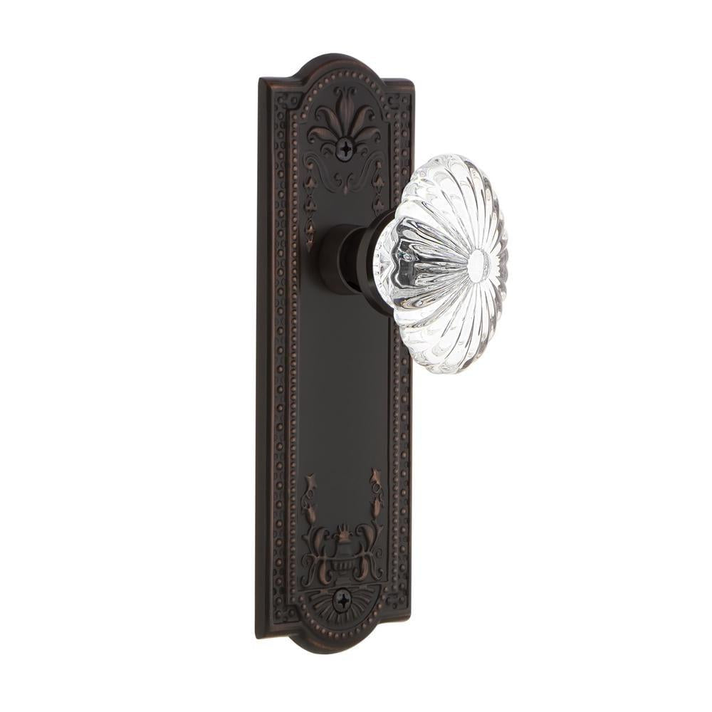 Meadows Plate 2-3/8 in. Backset Timeless Bronze Privacy Bed/Bath Oval Fluted Crystal Glass Door Knob