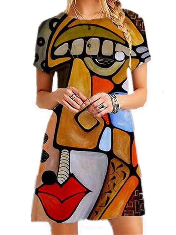 Fashion art print loose short sleeve dress