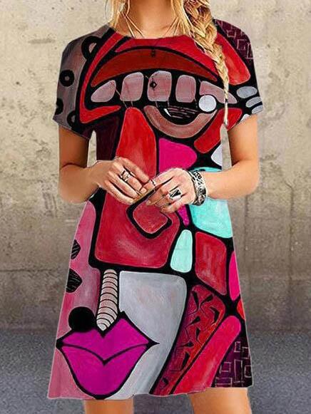 Fashion art print loose short sleeve dress