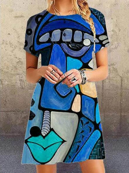 Fashion art print loose short sleeve dress