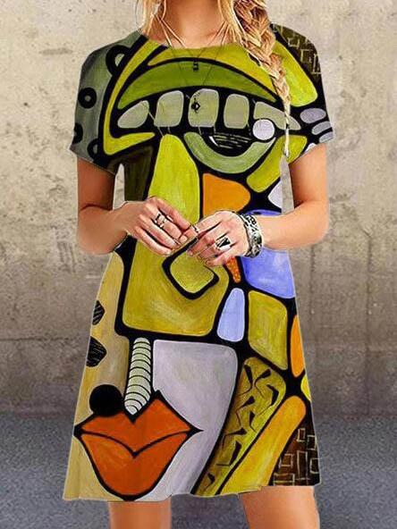 Fashion art print loose short sleeve dress