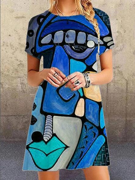 Fashion art print loose short sleeve dress