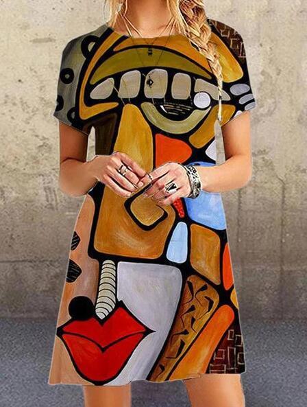 Fashion art print loose short sleeve dress