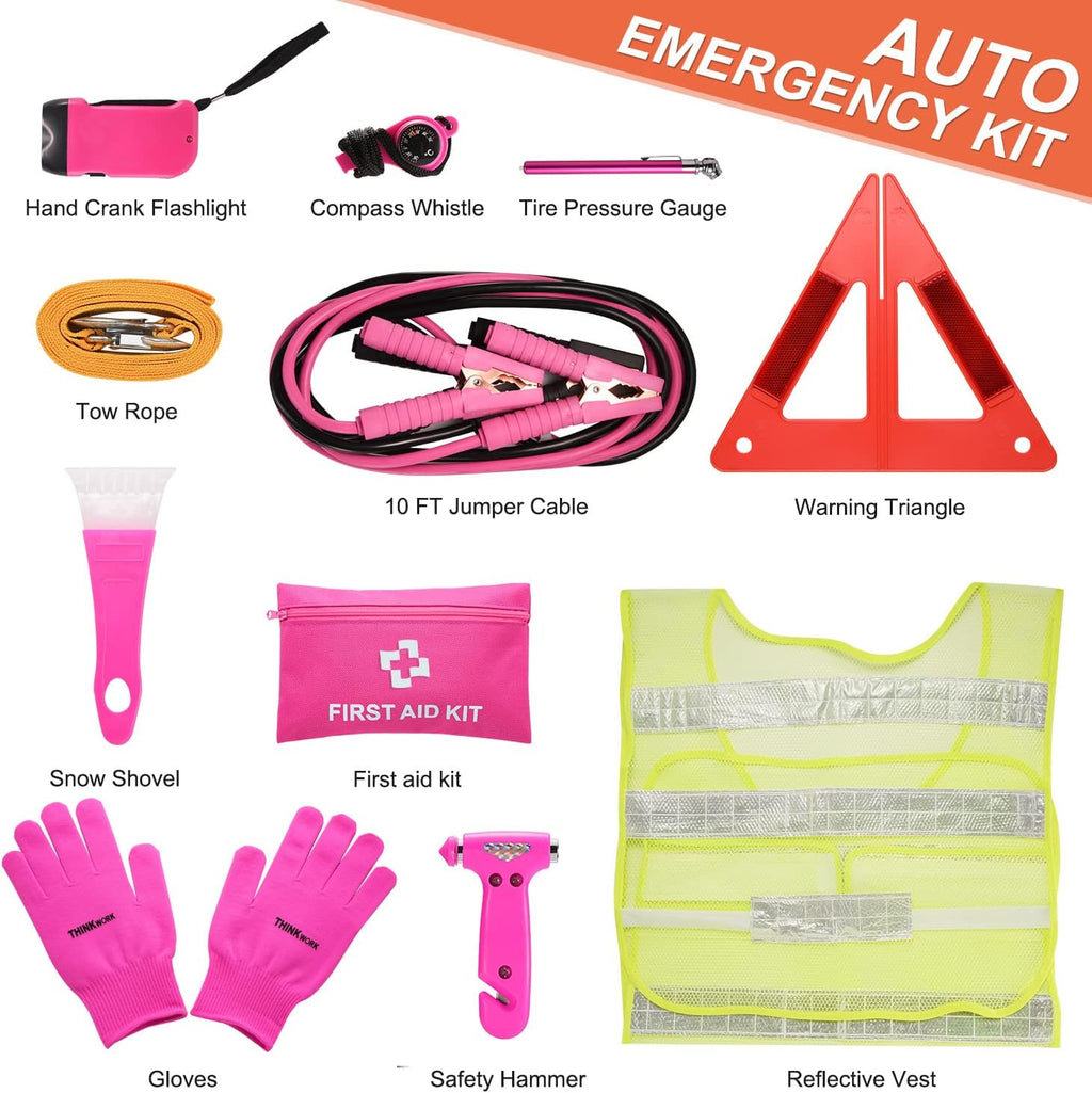 THINKWORK Car Emergency Kit for Teen Girl and Lady's Gifts, Pink Emergency Roadside Assistance kit with 10FT Jumper, First Aid Kit, Safety Hammer, Tow Rope, and More Ideal Pink Car Accessories Tool