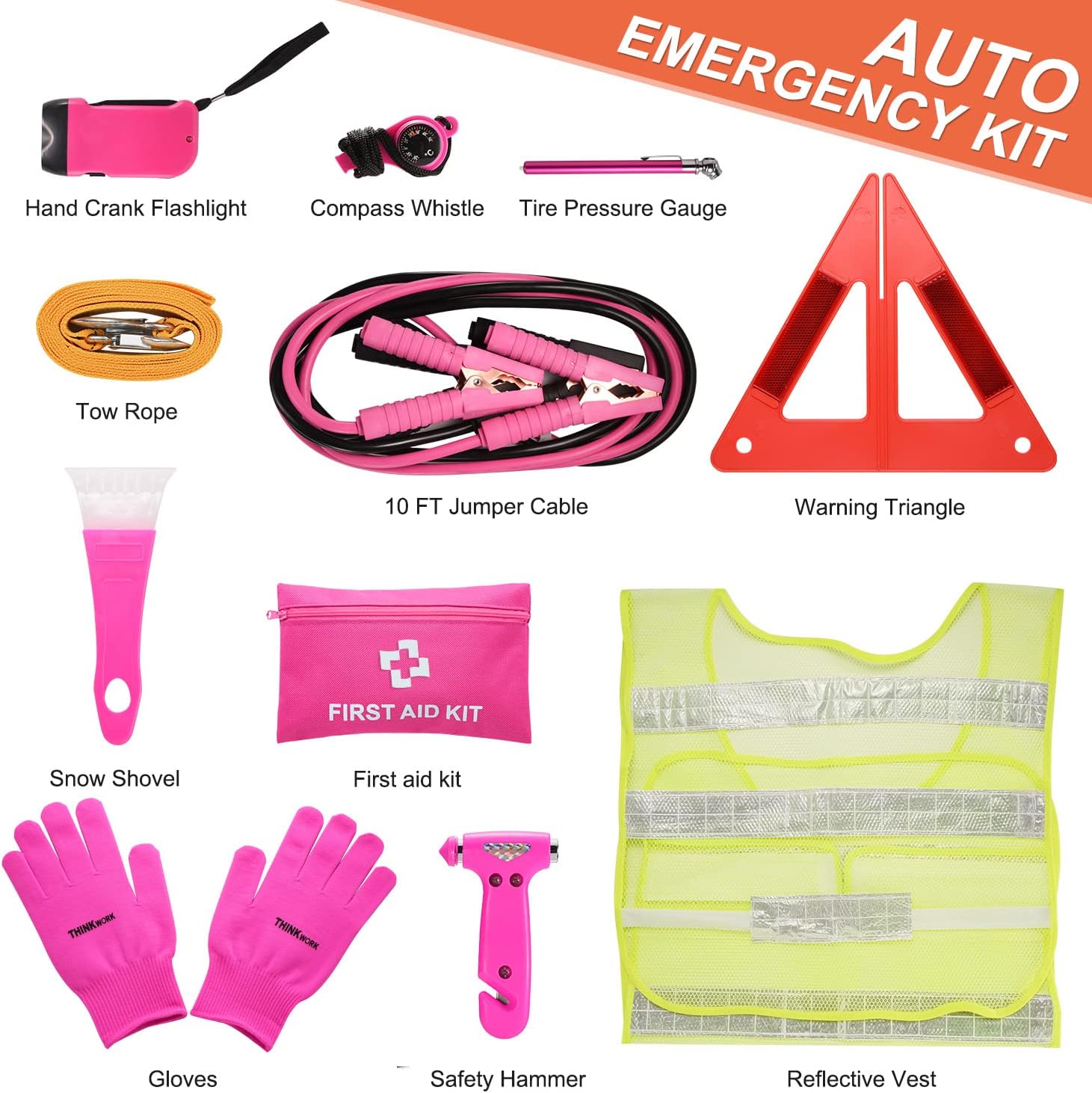 THINKWORK Car Emergency Kit for Teen Girl and Lady's Gifts, Pink Emergency Roadside Assistance kit with 10FT Jumper, First Aid Kit, Safety Hammer, Tow Rope, and More Ideal Pink Car Accessories Tool