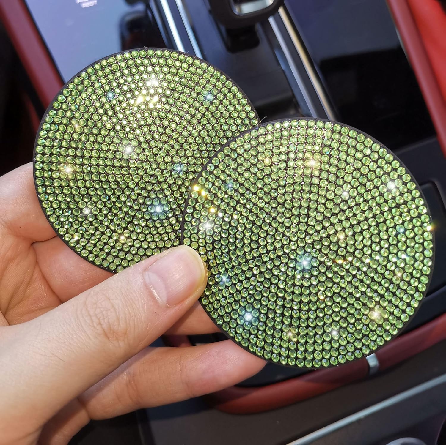 2pcs Bling Car Cup Holder Coaster, 2.75 inch Anti-Slip Shockproof Universal Fashion Vehicle Car Coasters Insert Bling Rhinestone Auto Automotive Interior Accessories for Women (2 pcs, Light Green)