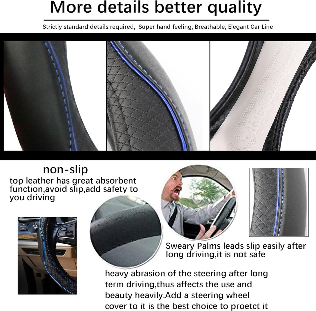 Car Steering Wheel Cover, Anti-Slip, Safety, Soft, Breathable, Heavy Duty, Thick, Full Surround, Sports Style (Black Blue)