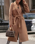 long sleeve v-neck tie woolen coat