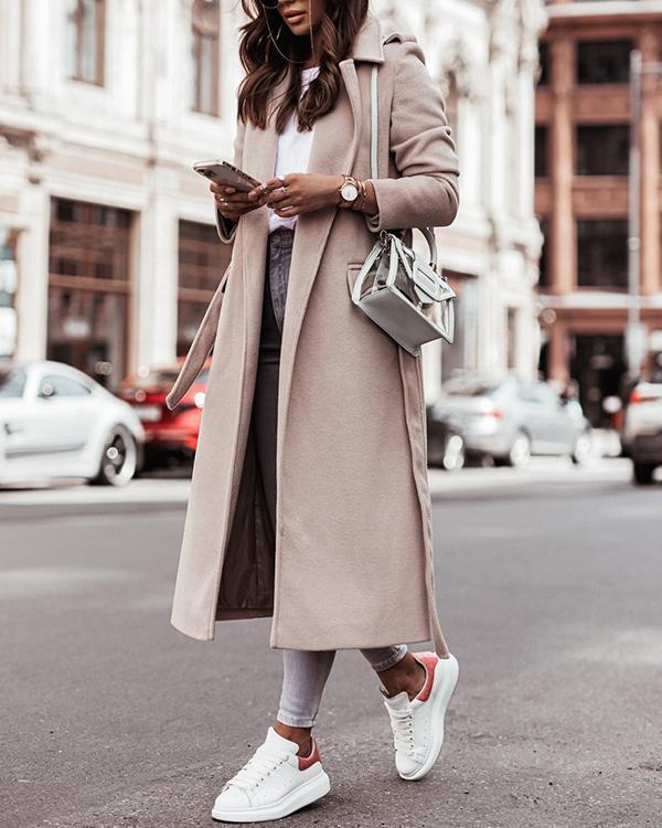 long sleeve v-neck tie woolen coat