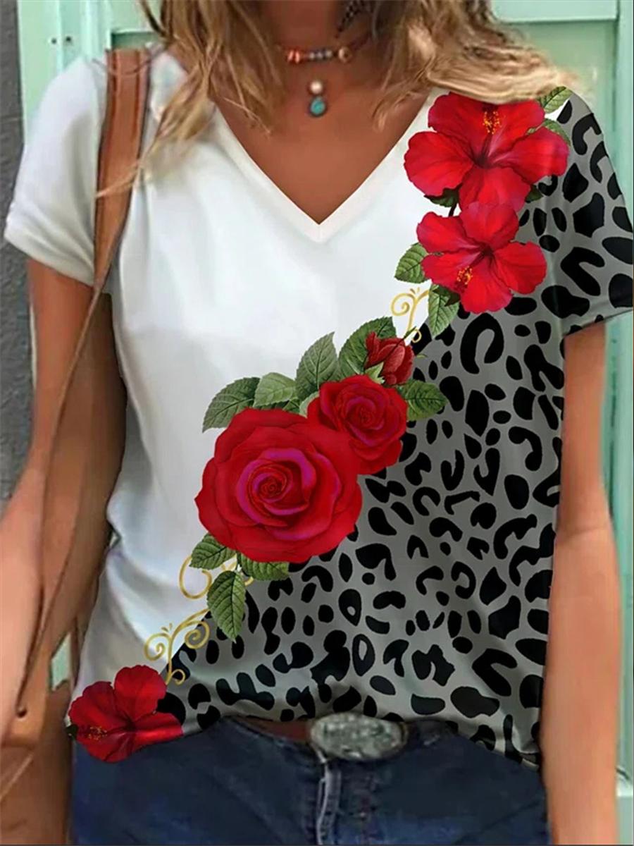Fashion Flower Print V-neck T-shirt