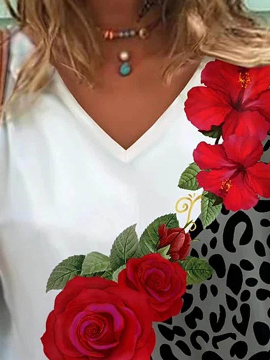 Fashion Flower Print V-neck T-shirt