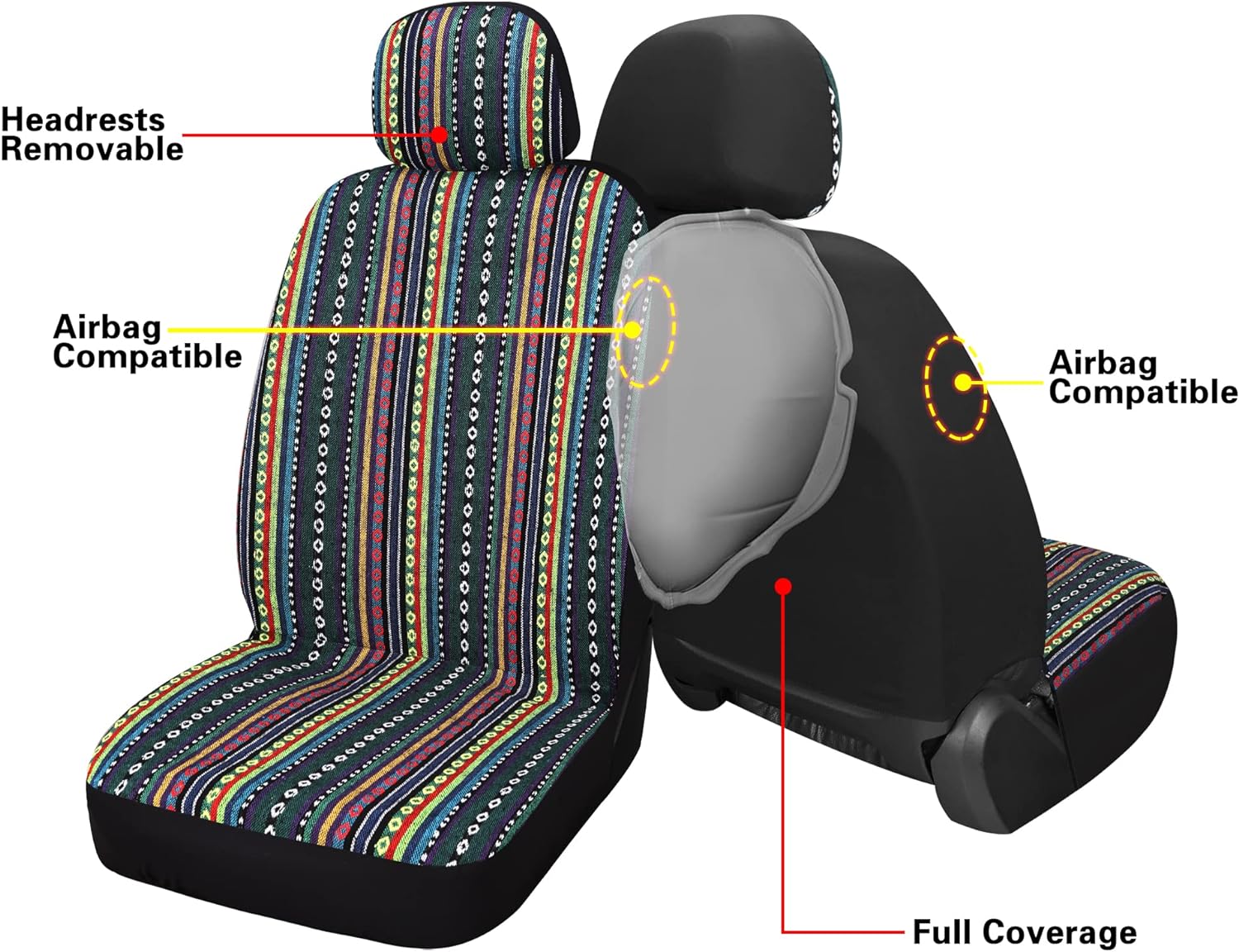 Pariitadin Baja Saddle Blanket Car Seat Covers Front Set with Seat Belt Pads, Washable Breathable Striped Woven Cloth Seat Covers for Cars, Universal Fit Most Cars, Airbag Compatible, Red/Blue