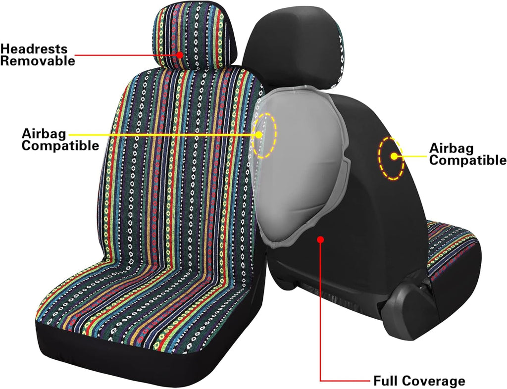 Pariitadin Baja Saddle Blanket Car Seat Covers Full Set with Seat Belt Pads, Washable Breathable Striped Woven Cloth Seat Covers for Cars Interior, Universal Fit Most Cars, Airbag Compatible, Red/Blue